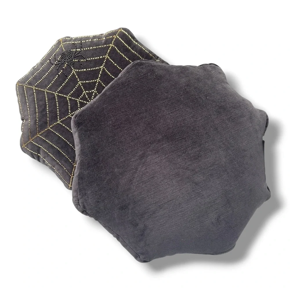 Threshold Halloween Spider Web Beaded Velvet Hexagon Pillows Black Gold Set 2